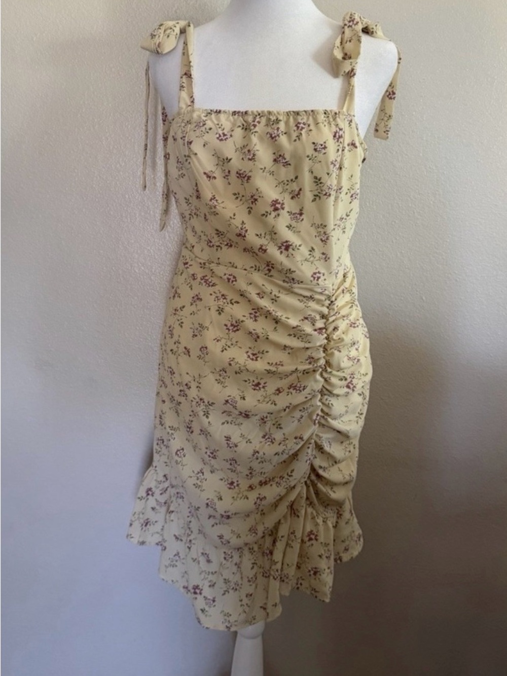 Tie-Shoulder Yellow Floral Ruched Midi Dress